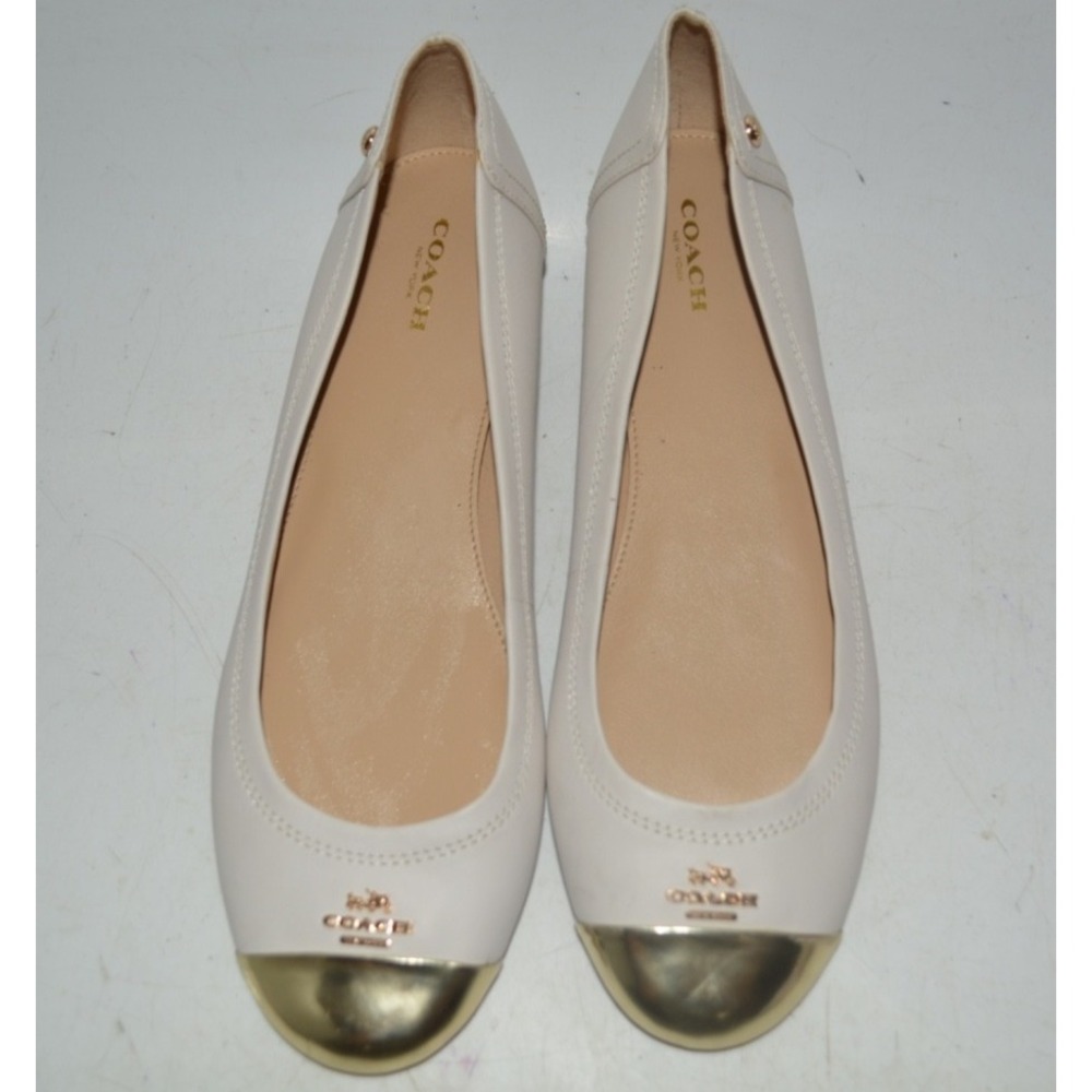COACH Chelsea Ballet Flats Women's US 8B White Leather Gold Cap Toe Logo Shoes